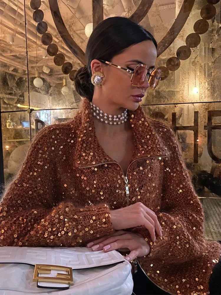 Nova® | Pull Zippé Tricoté à Sequins - parlezmode.com