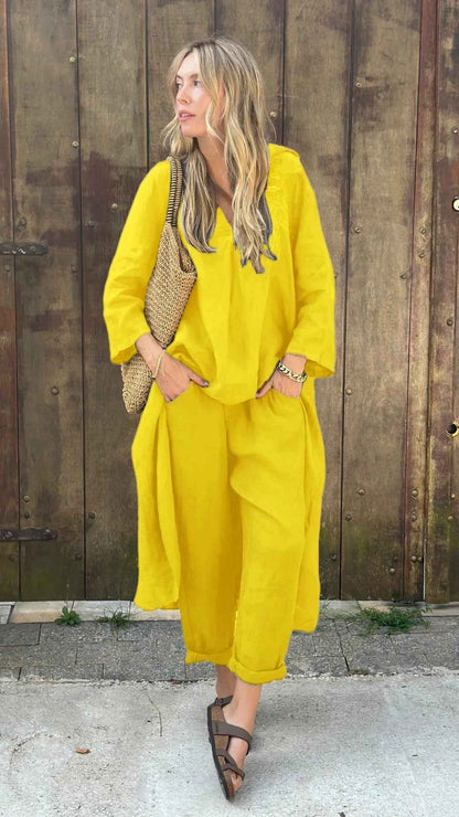 Nivalora® | Ensemble Décontracté Élégant 2 Pièces Col V & Pantalon Large - parlezmode.com