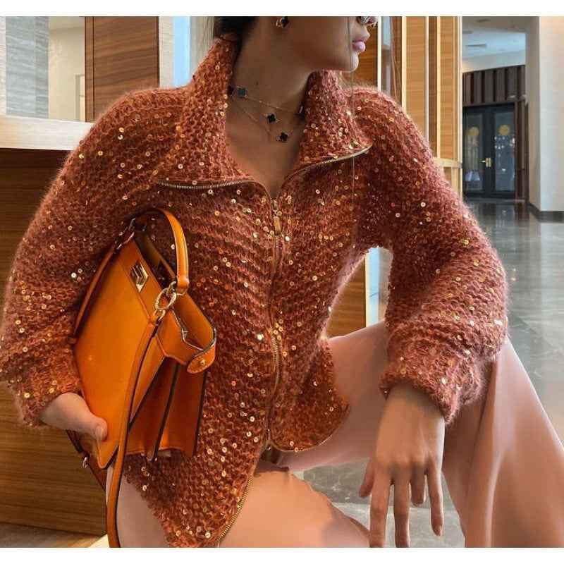 Nova® | Pull Zippé Tricoté à Sequins - parlezmode.com