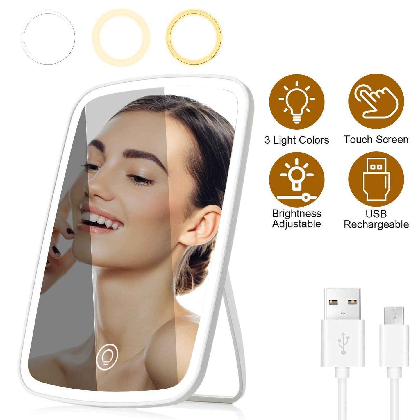 1Pc 5.98x8.62in Lighted Makeup Mirror Vanity Desk Mirror Small LED Mirror With 3 Light Colors Touch Screen Brightness Adjustable USB Rechargeable - parlezmode.com