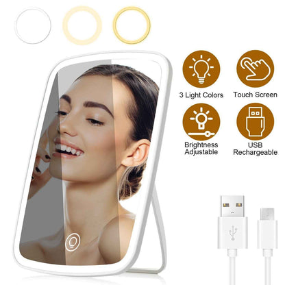 1Pc 5.98x8.62in Lighted Makeup Mirror Vanity Desk Mirror Small LED Mirror With 3 Light Colors Touch Screen Brightness Adjustable USB Rechargeable - parlezmode.com