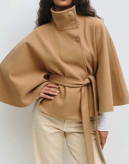 Winter High Neck Batwing Sleeve Coat With Belt Fashion Loose Elegant Button Top Trench Coat For Women Clothing