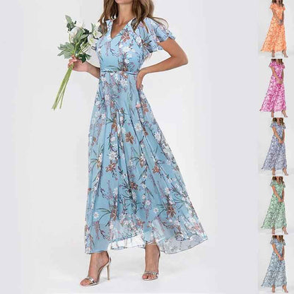 Floréane® | Robe Longue Évasée à Imprimé Floral et Manches Volantes