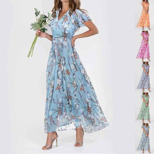 Floréane® | Robe Longue Évasée à Imprimé Floral et Manches Volantes