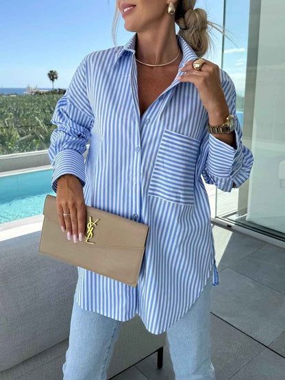 Spring Summer Long Sleeve Lapel Shirt Striped Print Lapel Shirt With Irregular Hem Button Placket Casual Loose Women's Blouses