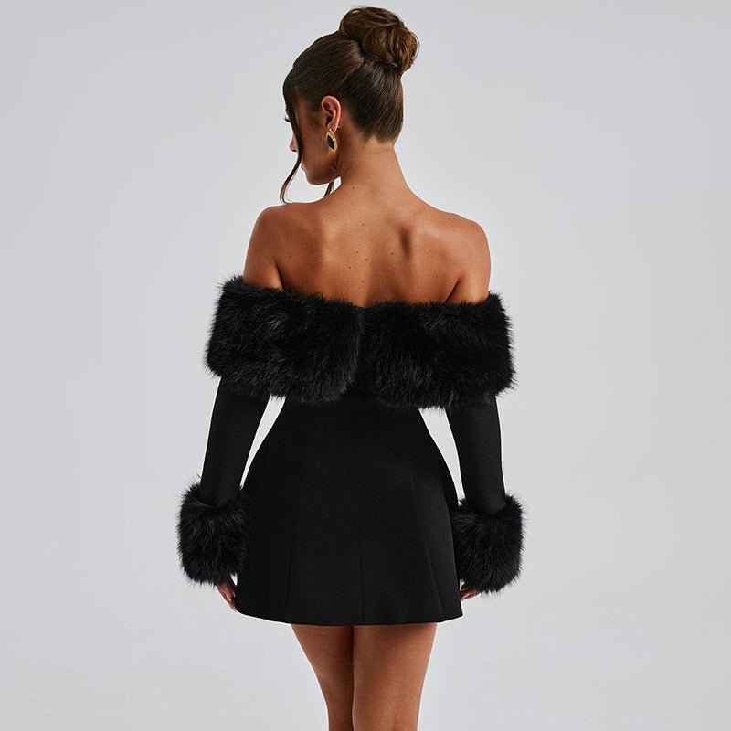Women's Off-shoulder Fur Collar A- Line Short Dress