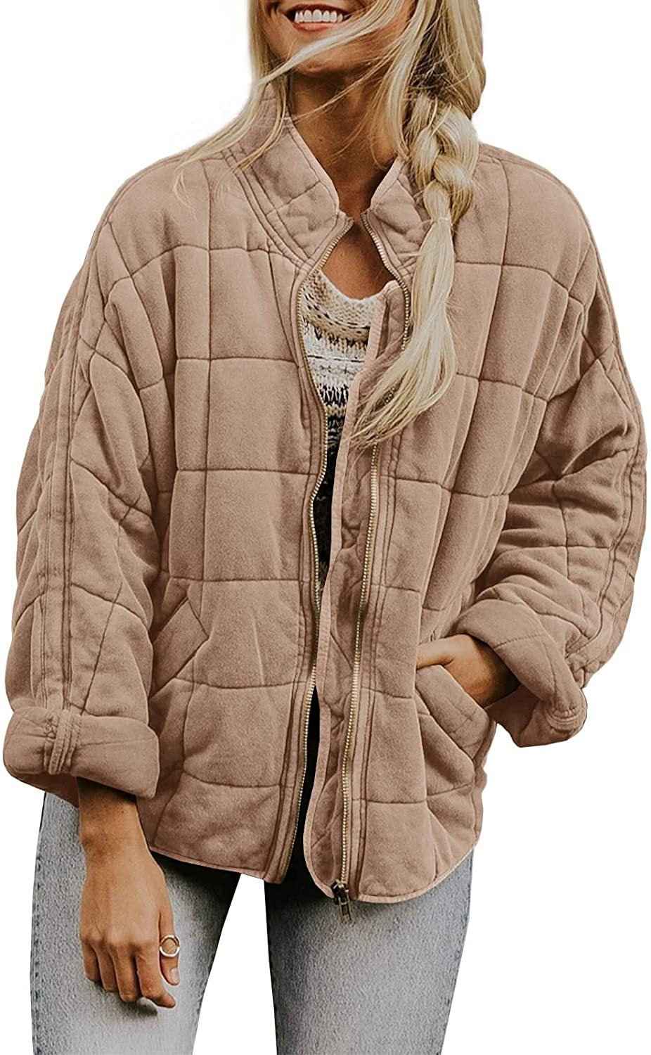 Winter Zip-up Stand Collar Coat With Pockets Fashion Solid Color Plaid Long Sleeved Jacket Women's Clothing