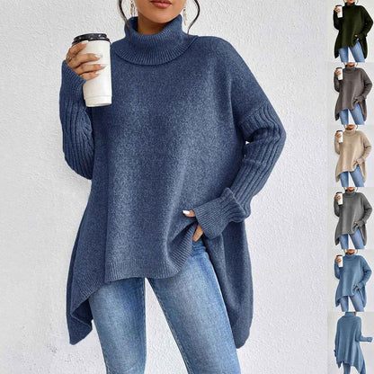 Irregular Turtleneck Sweater Winter Loose Long Sleeve Knitted Tops Leisure Warm Pullover Sweater Women's Clothing - parlezmode.com