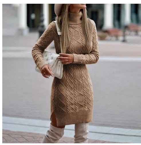 Fashion Turtleneck Knitted Dress With Slit Design Winter Warm Solid Color Pullover Long Sweater Women's Clothing