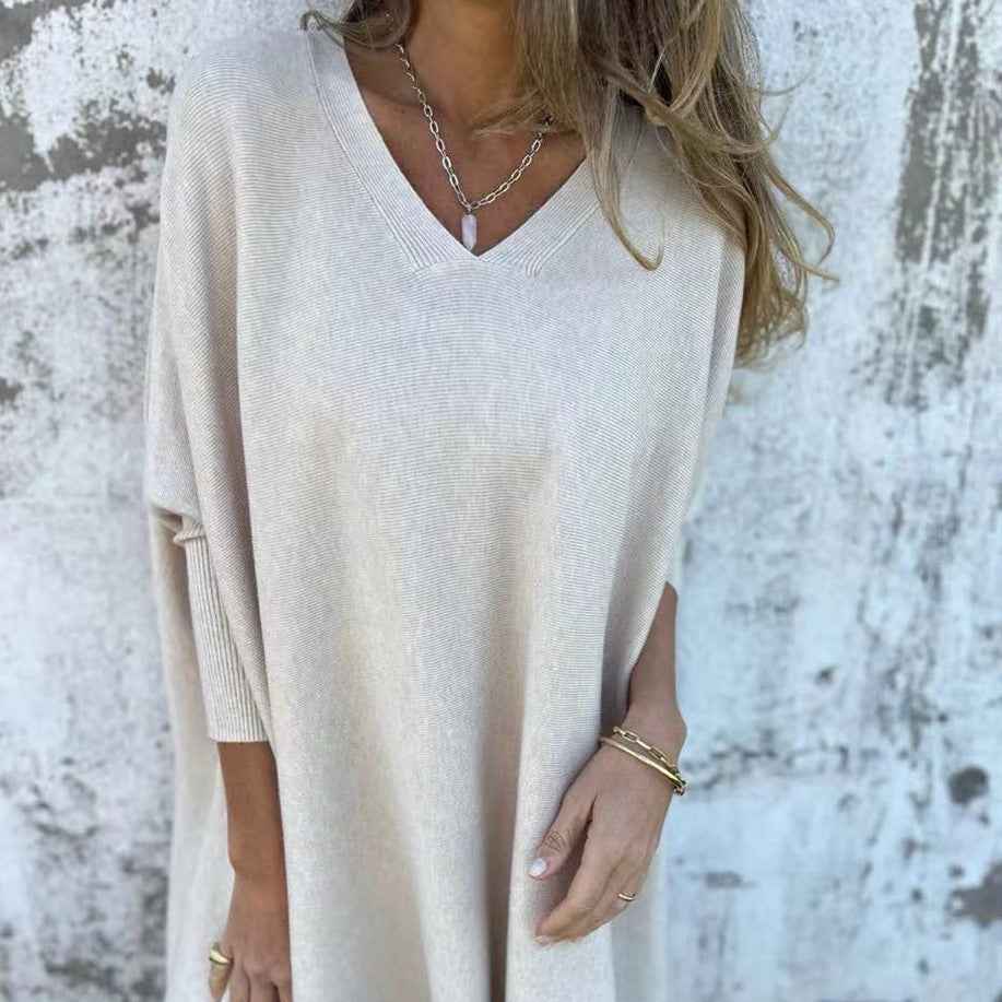 Chemise longue en maille à manches longues et col en V pour femme - parlezmode.com