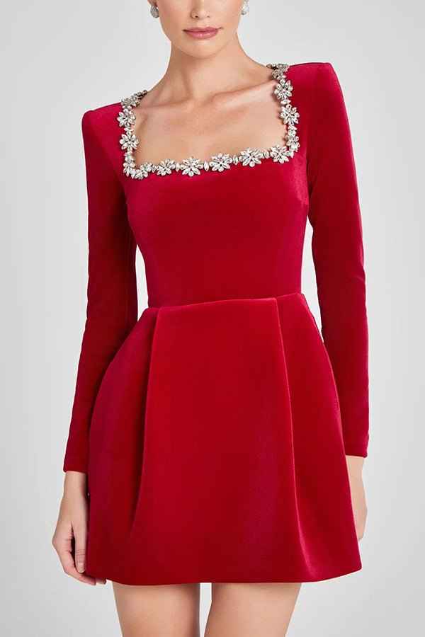 Christmas Elegant Square Neck Long-sleeved Dress With Flowers Rhinestone Design Fashion A-line Short Dresses Spring Clothing For Women