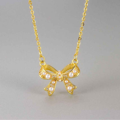 Zircon Pearl Bow Necklace For Women