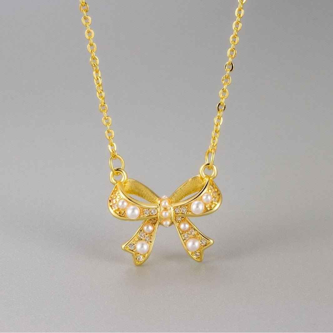 Zircon Pearl Bow Necklace For Women