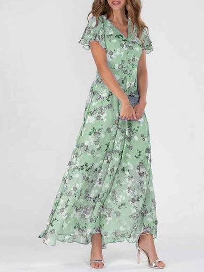 Floréane® | Robe Longue Évasée à Imprimé Floral et Manches Volantes