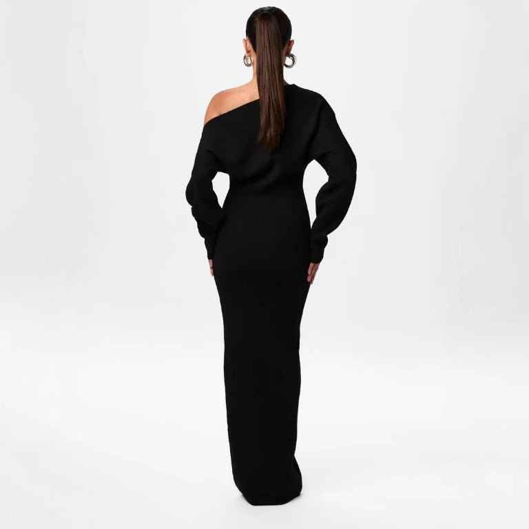Ins Slim Long Sleeve Knitted Dress Evening Party Sexy Off-shoulder Bodycon Long Dresses