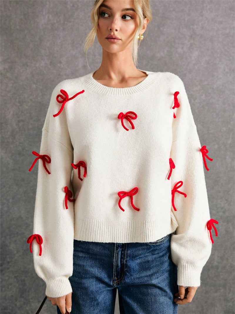 Red Bow Decoration Loose Crew Neck Pullover Sweater Women - parlezmode.com