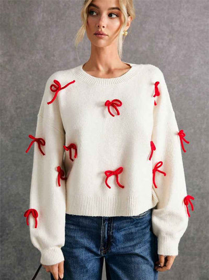 Red Bow Decoration Loose Crew Neck Pullover Sweater Women - parlezmode.com