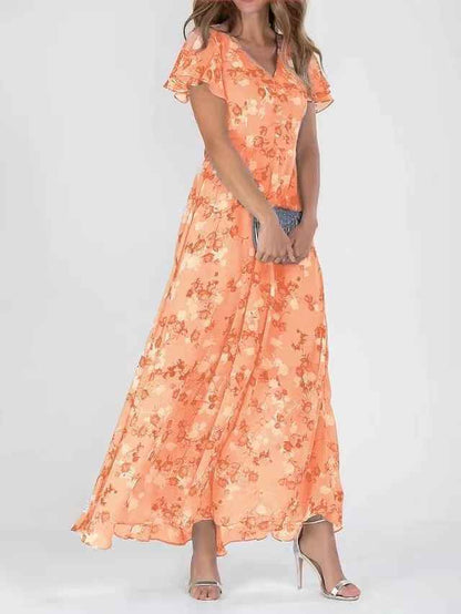 Floréane® | Robe Longue Évasée à Imprimé Floral et Manches Volantes