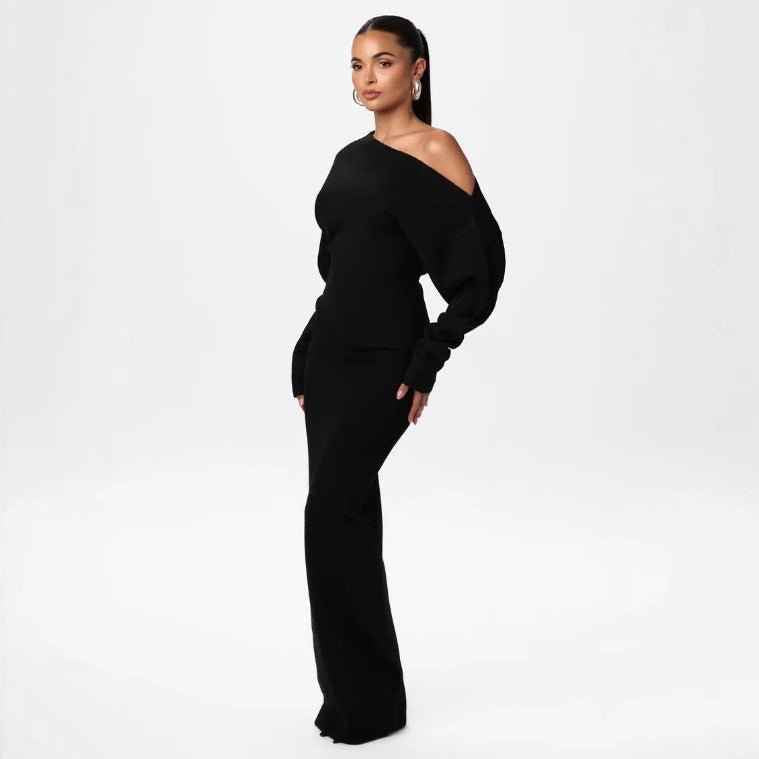 Ins Slim Long Sleeve Knitted Dress Evening Party Sexy Off-shoulder Bodycon Long Dresses