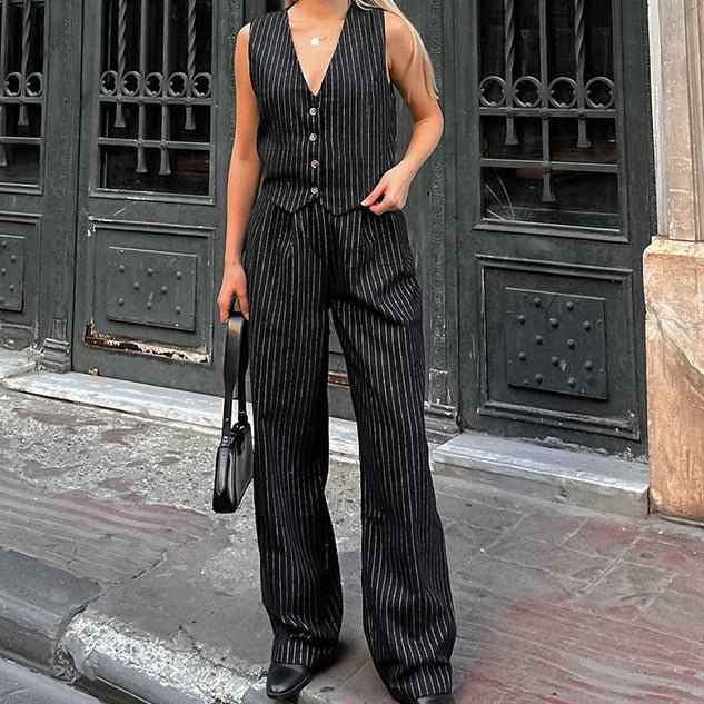 Striped Sleeveless Waistcoat Vest Trousers Suit Women