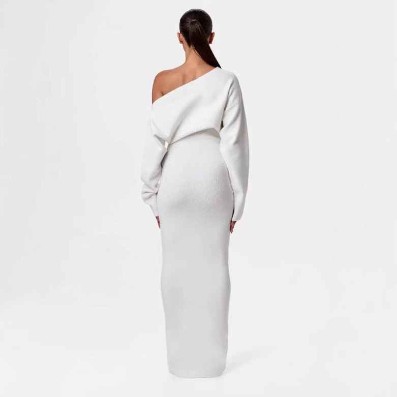 Ins Slim Long Sleeve Knitted Dress Evening Party Sexy Off-shoulder Bodycon Long Dresses