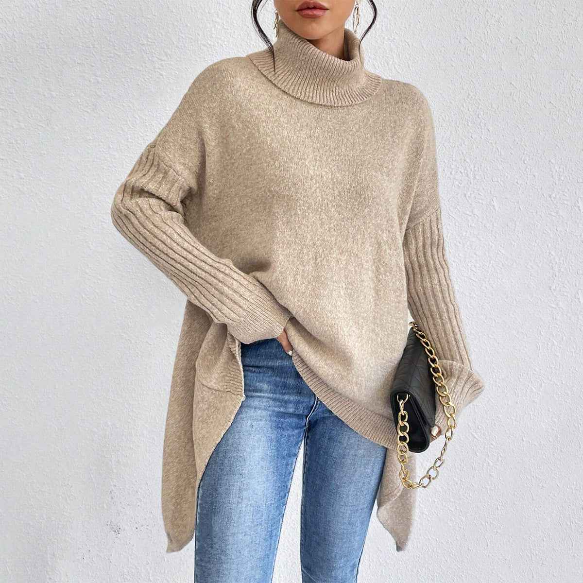 Irregular Turtleneck Sweater Winter Loose Long Sleeve Knitted Tops Leisure Warm Pullover Sweater Women's Clothing - parlezmode.com