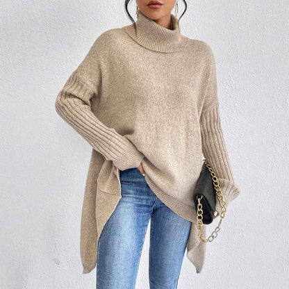 Irregular Turtleneck Sweater Winter Loose Long Sleeve Knitted Tops Leisure Warm Pullover Sweater Women's Clothing - parlezmode.com