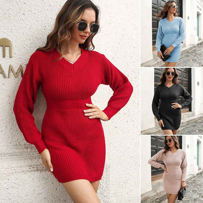 Women's V-Neck Long Sleeve Nipped Waist Sweater Dress