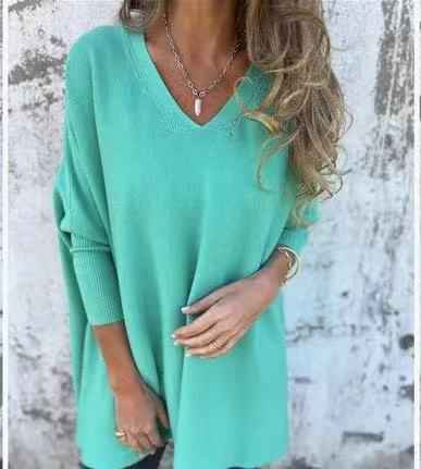 Chemise longue en maille à manches longues et col en V pour femme