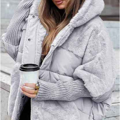Women's Loose Cotton Coat Faux Fur Patchwork Winter Coat Comfort Chic Long Sleeve Hooded Jacket