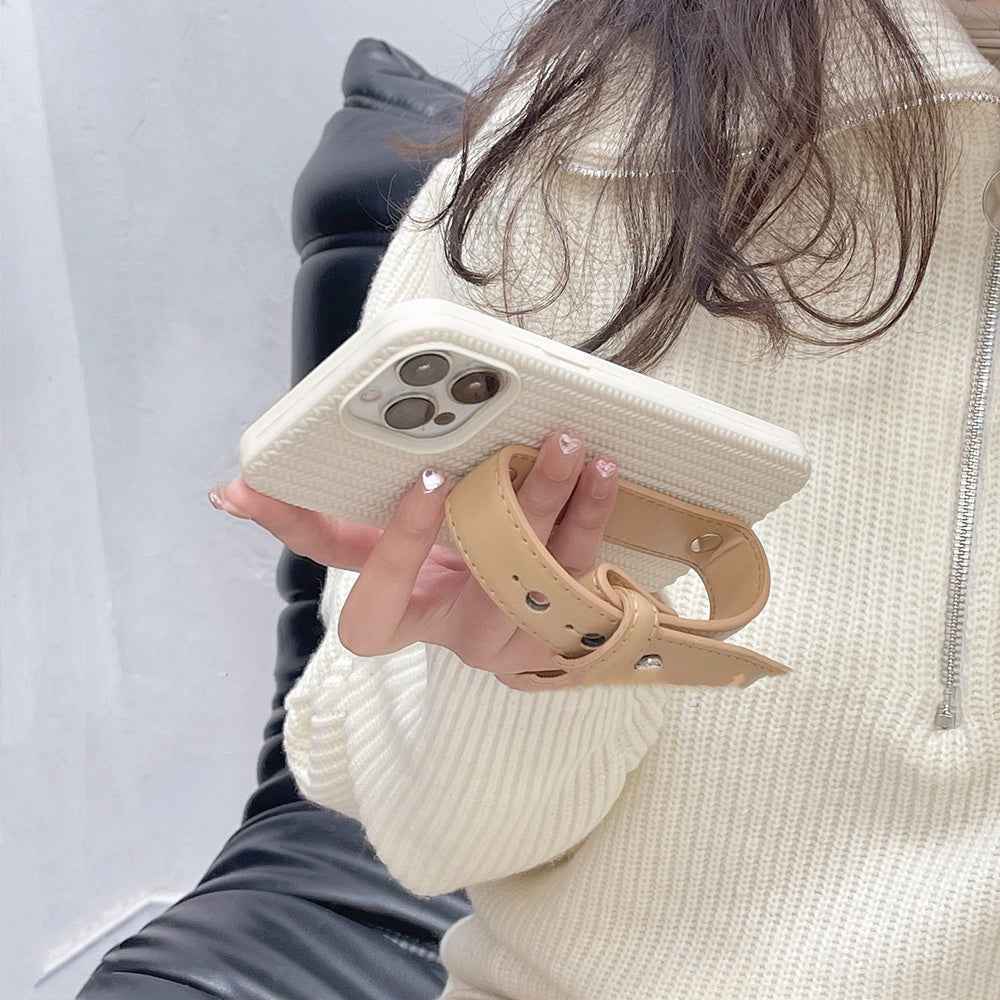 High Luxury Milk Apricot Twist Leather Wristband Phone Case - parlezmode.com