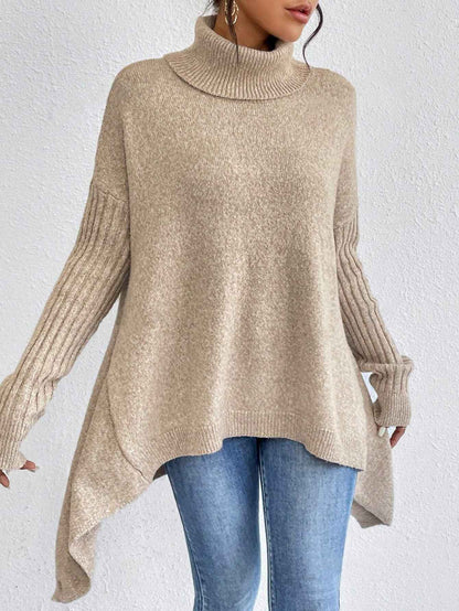 Irregular Turtleneck Sweater Winter Loose Long Sleeve Knitted Tops Leisure Warm Pullover Sweater Women's Clothing - parlezmode.com