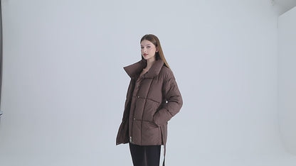 Manteau d'hiver à carreaux, col montant et lacets, coupe ample, épais, style tendance, vêtements d'extérieur pour femmes  