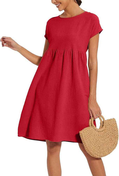 Liorenna® | Robe Courte Coton Col Rond Élégance Naturelle